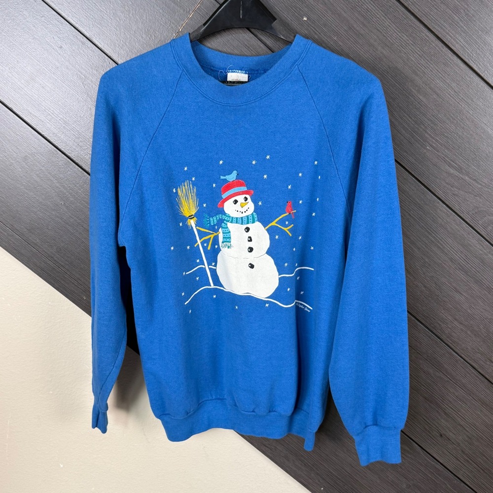 VTG 80s Fruit Of The Loom Snowman Christmas Sweatshirt Blue Large USA Unisex